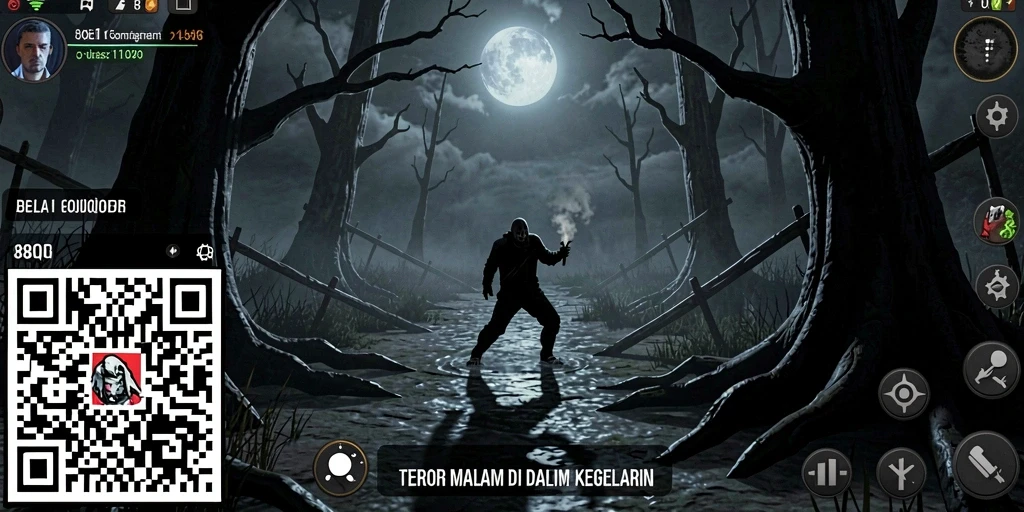 Tampilan gameplay 8QR dengan suasana menakutkan.