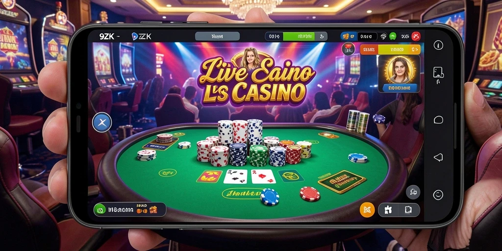 Screenshot gameplay Live Casino 9ZK menunjukkan dealer yang ramah dan meja permainan yang interaktif.