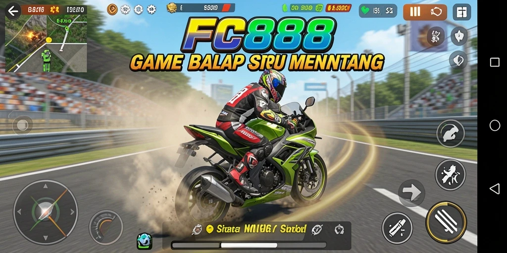 Tampilan gameplay mendebarkan di FC888 saat balapan motor.