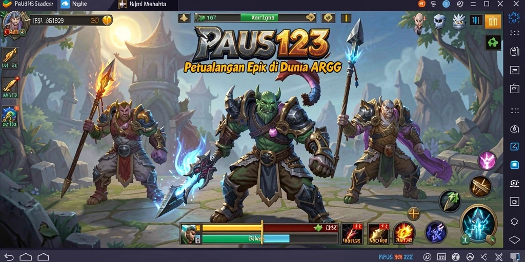 Tangkapan layar gameplay PAUS123 menunjukkan pertempuran seru dan dunia yang luas.