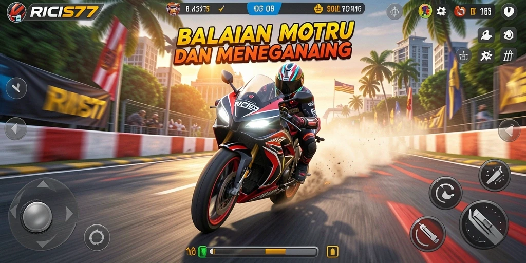 Menampilkan gameplay balap motor yang menegangkan di RICIS77.