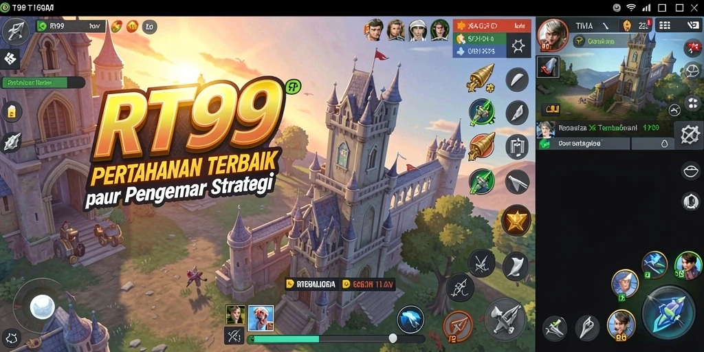 Screenshot gameplay RT99 menampilkan aksi seru di medan pertempuran Tower Defense.