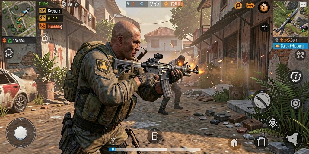 Screenshot V87 menunjukkan momen seru dalam pertempuran FPS.